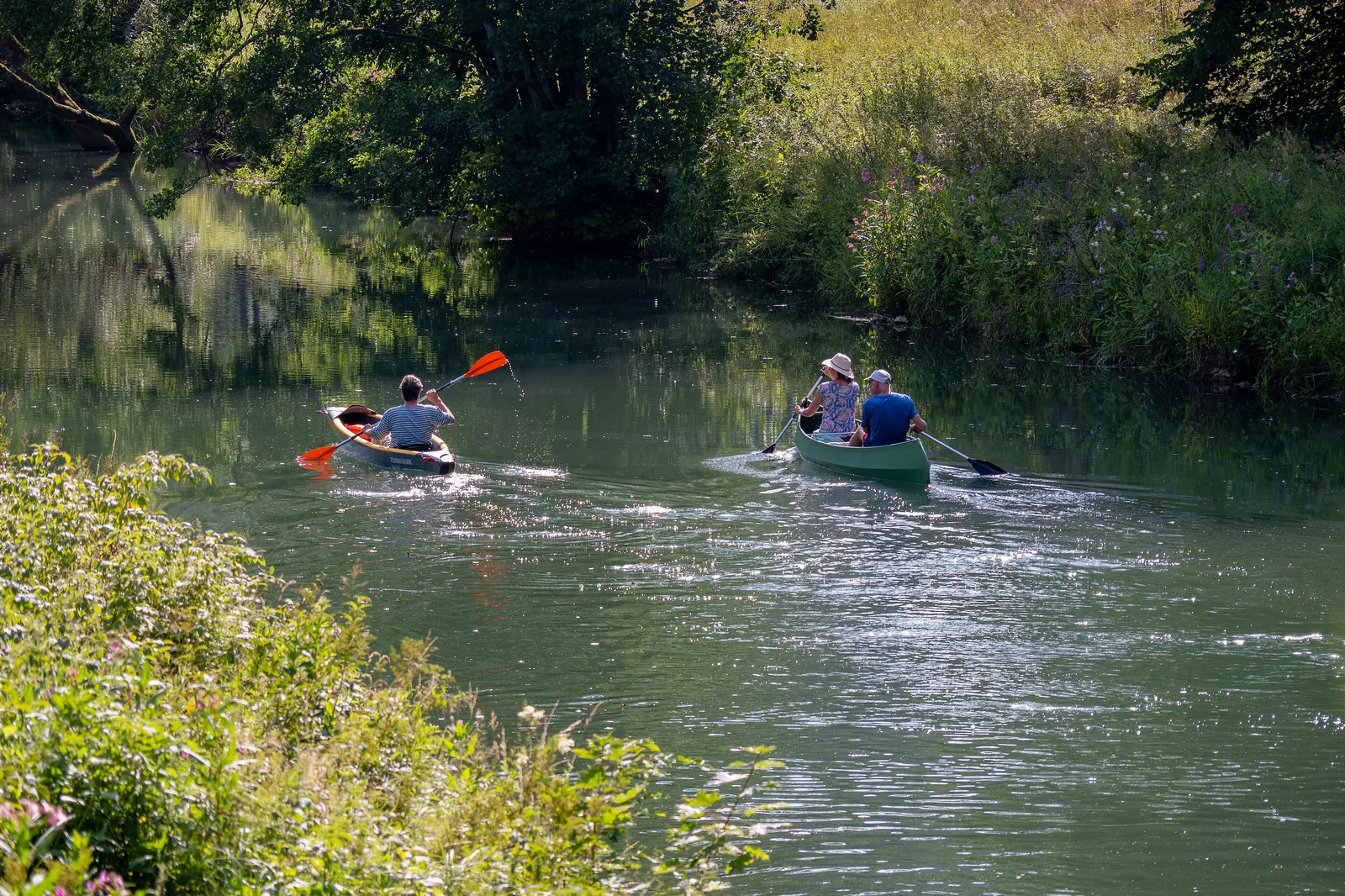 Zwei Kanadier mit je zwei Paddlern auf der grünen Wiesent zwischen Büschen